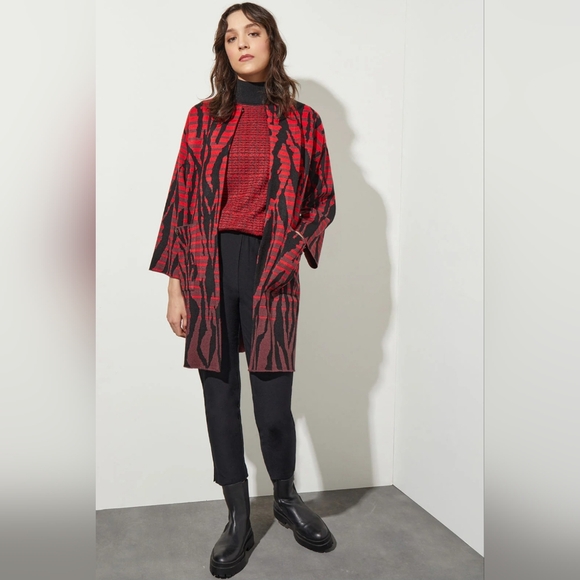 MING WANG Red Auburn Open Front Jacket in Animal Pattern Cozy Knit NWT Size S - Picture 4 of 14